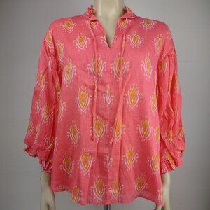 Ivy Jane pink yellow Ikat Cotton V-Neck boho bohemian blouse top ladies Large